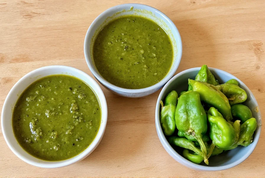 Three bowls of tomatillo green chili salsa showing different textures: smooth, medium, and chunky