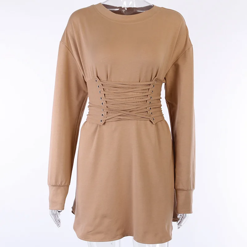 

2020 spring long sleeve round neck belt tight ladies casual dresses