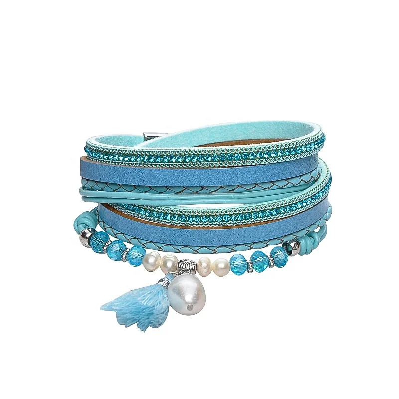 

Fashion Women Handmade Jewelry Magnetic Clasp Multi Layer Pearl Crystal Leather Wrap Tassel Bracelet, Fashion colors