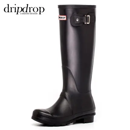 

women plastic boots for rain use waterproof tall high slim fashion stylish PVC wellington boots with side buckles tall wellies, Black, customized rain boots