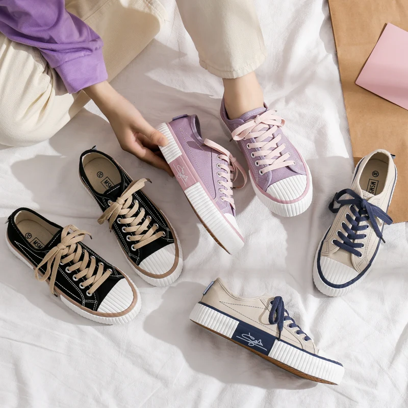 

New low-top sneakers casual canvas shoes for school girls classical casual shoes fashion style plus size, Purple, black, beige