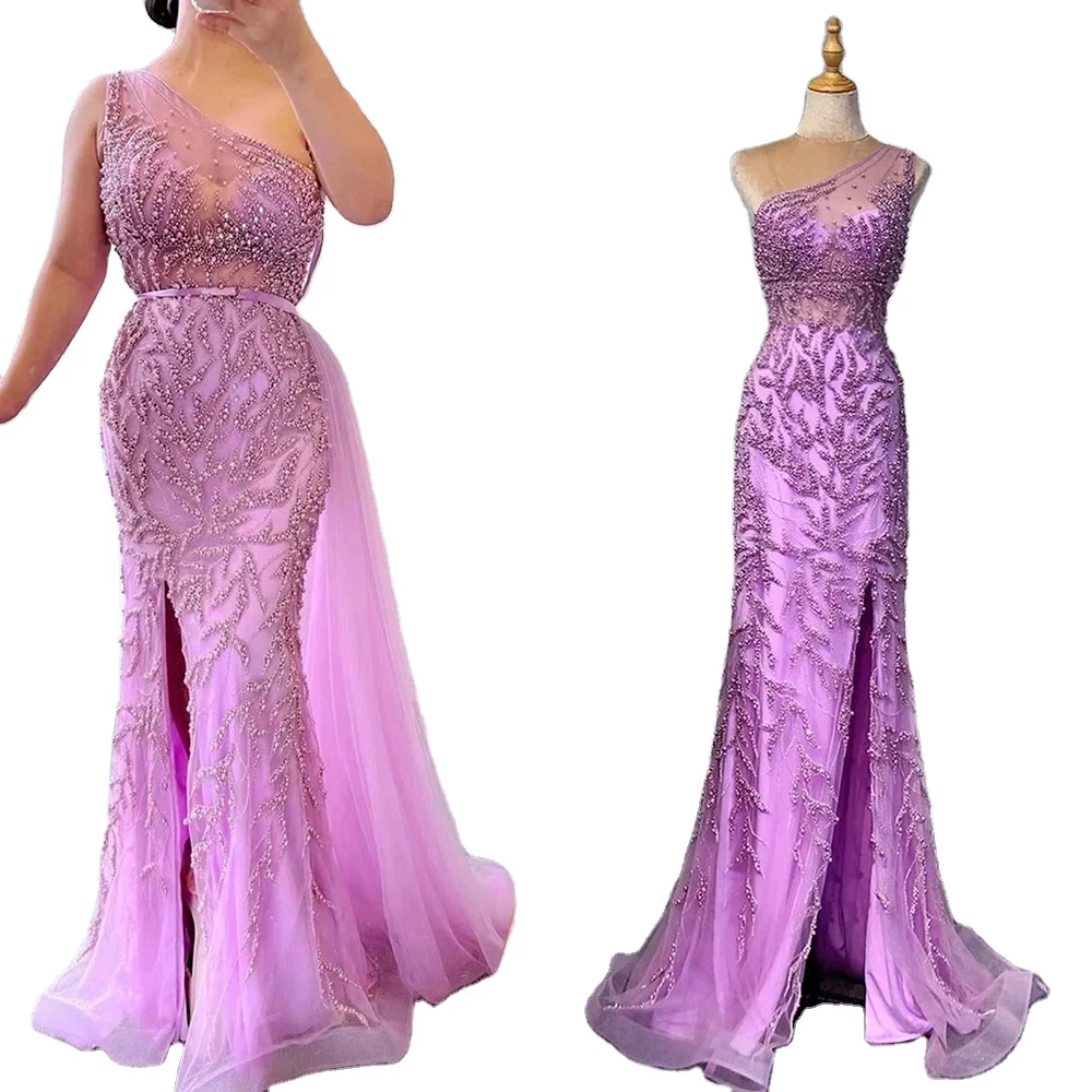 Bridalaffair Sexy Split Mermaid Evening Gowns Sequin beaded Prom Dress With  Removable Train plus size evening short party dress