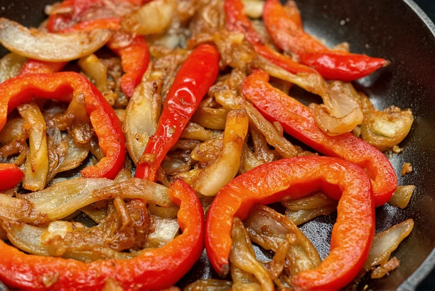 Perfectly caramelized peppers and onions in a cast iron skillet showing ideal golden-brown color and texture