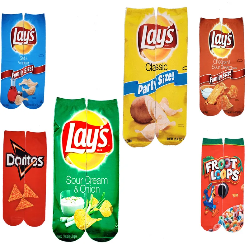 

Wholesale hot sale custom design cool cheap Potato chips puffed food tube long stockings 3D digital printed socks, Pantone color