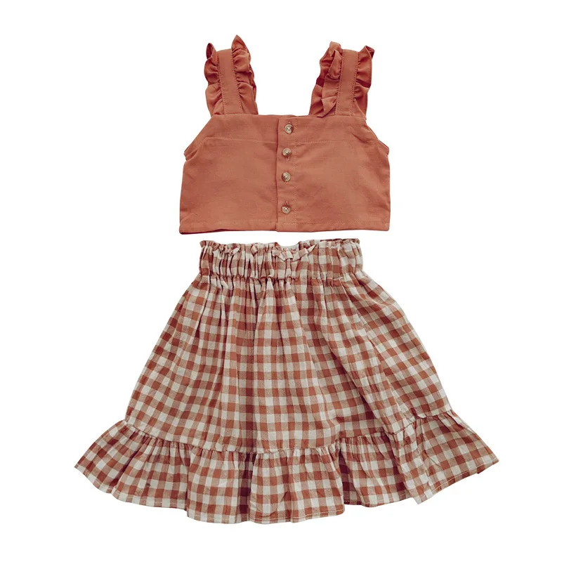 

Girls' suit with short straps top and plaid skirt for summer 2021, Picture