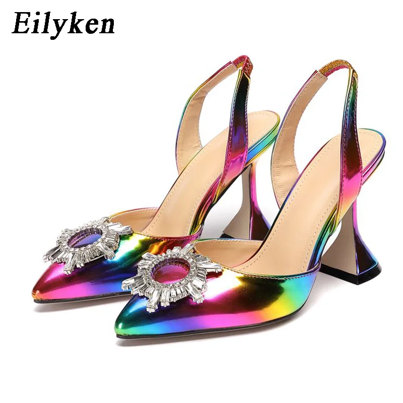 

Eilyken Rainbow Color Women Sandals Pointed Toe Sun Style Rhinestone High Heels Weeding Shoes Spike Heel Slingback Pumps