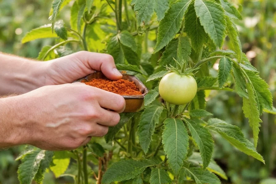 Gardener applying red pepper meal solution to tomato plants as natural pest control