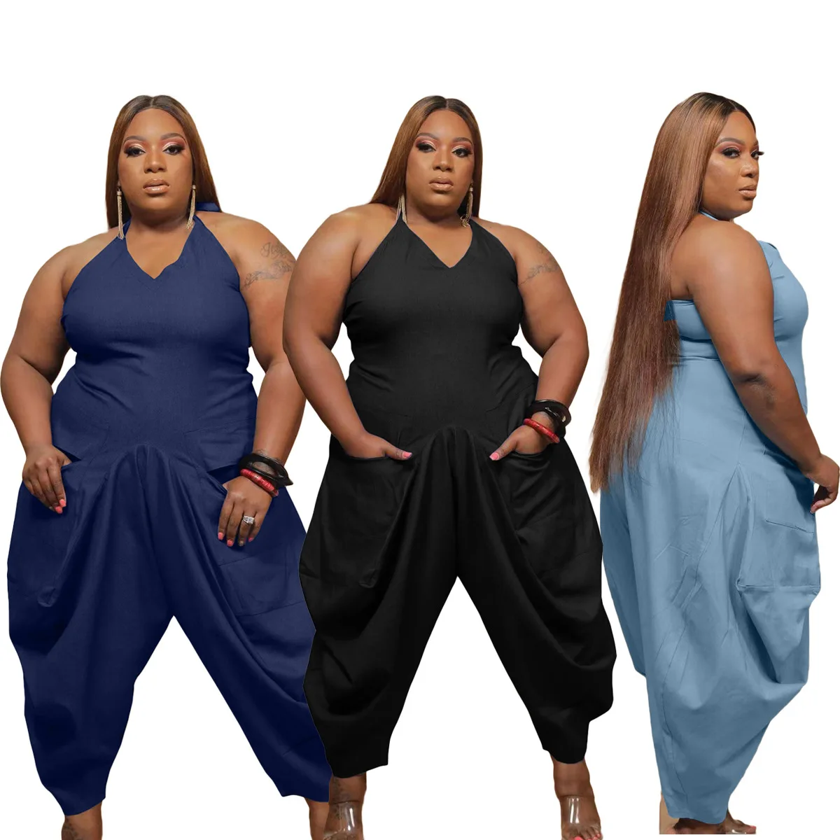 

XL-5XL Casual Women Summer Clothing Sexy Plus Size One Piece Solid Color Rompers Womens Jumpsuit