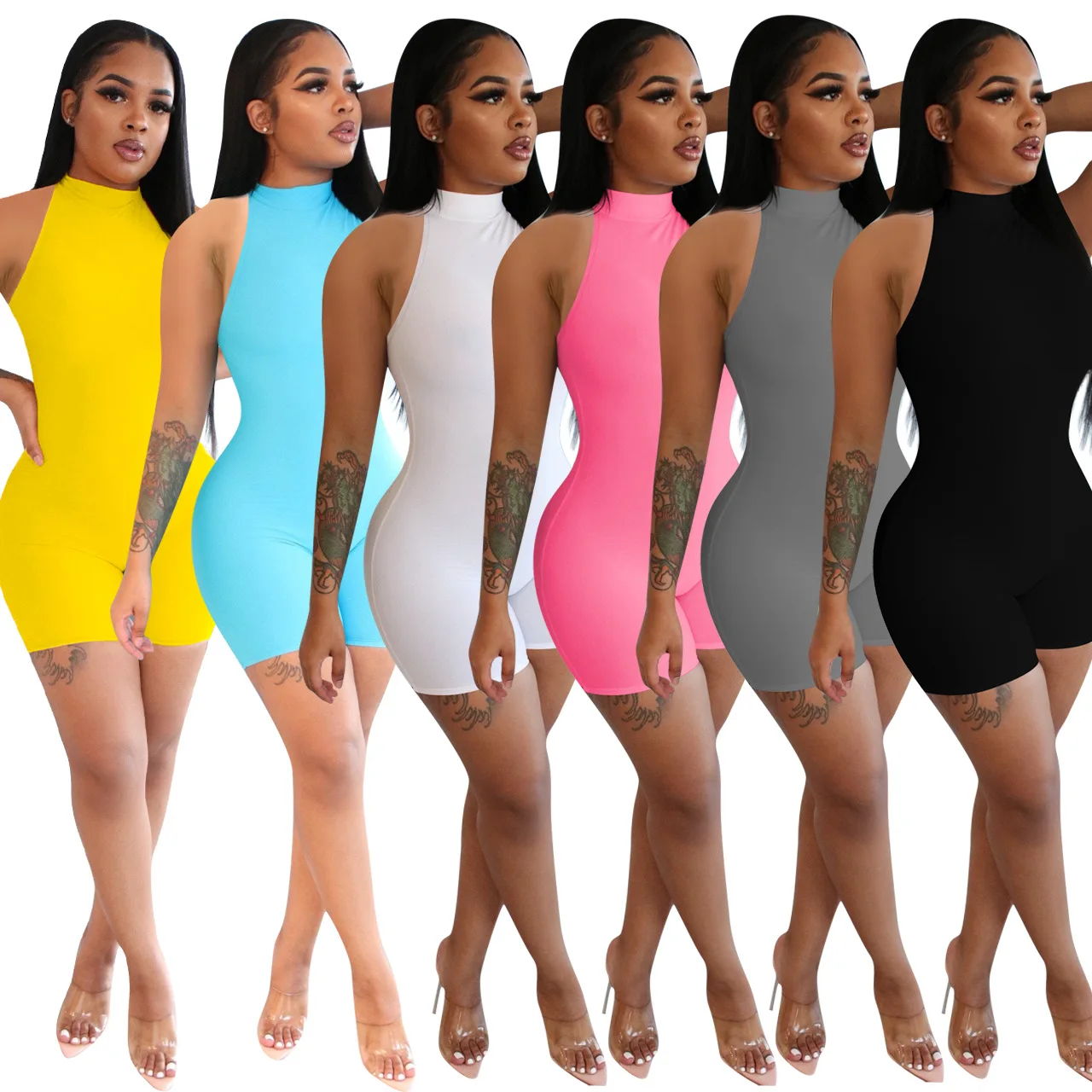 

High Neck One Piece Jumpsuit Knit Bodycon Bodysuit Women Casual Loungewear, Picture shows