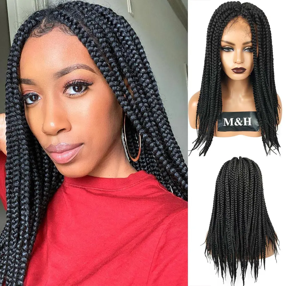 

Women Premium Glueless Synthetic Hair Lacefront Wig Box Braid Hand Made African Braided Lace Wig with Baby Hair