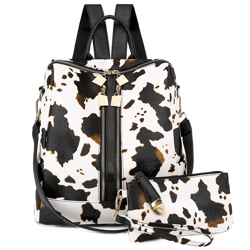 

2021 New Fashion Female Back Packs with Wristlet Cow Print PU Leather Women Backpack Ladies