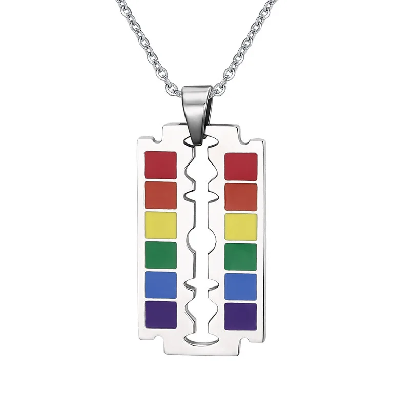 

Stainless Steel Rainbow Blade Pendant Necklace Meaning Gay Flag Pride Enamel Razor Blade LGBT Necklace Friendship Gift