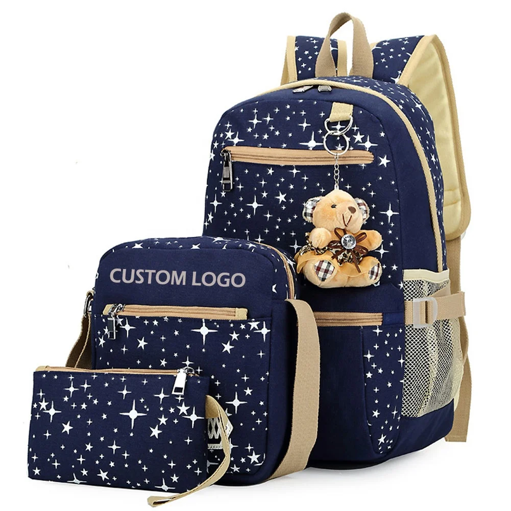 

Custom 3pcs New Design Durable Canvas Wholesale Cheap Soft Kids School Bags Sets, Black, navy blue, rose, purple