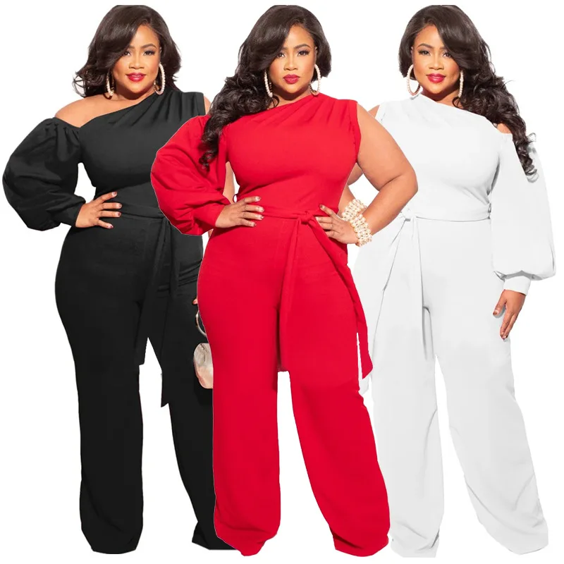 

Summer plus size women clothing Jumpsuits pants 4xl 2021 Sexy elegant one sleeve off shoulder belted plus size jumpsuits women, Red,blue cheap flare solid jumpsuit for women