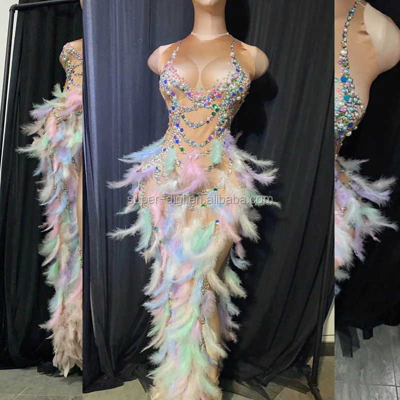 

Colourful feather dresses sexy nude nightclub bar Stretch Bodysuit Stage Costumes Nightclub Bar Dj Ds Rave Wear Festival Outfit