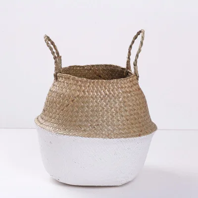 

P356 Bamboo Handmade Basket Planter Multifunctional Laundry Straw Patchwork Wicker Rattan Seagrass Garden Flowerpot Planter, Colors