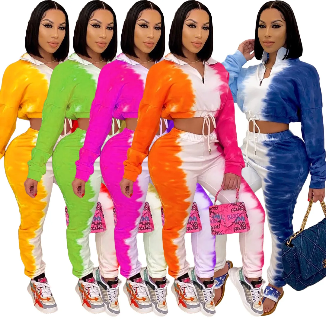 

New winter fall color gradual change sportswear crop top positioning printing tracksuit 2 piece set woman