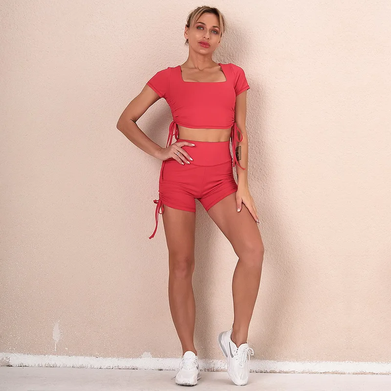 

Wholesale Trendy Yoga Sets Short Sports Fitness Leggings And Short Sleeve Shirt Solid Color Two Piece Short Set Women Yoga, As picture