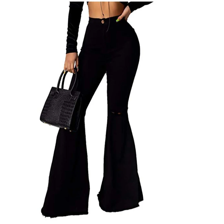 

Wholesale custom black denim flare pants ripped high waist bell bottom wide leg women jeans