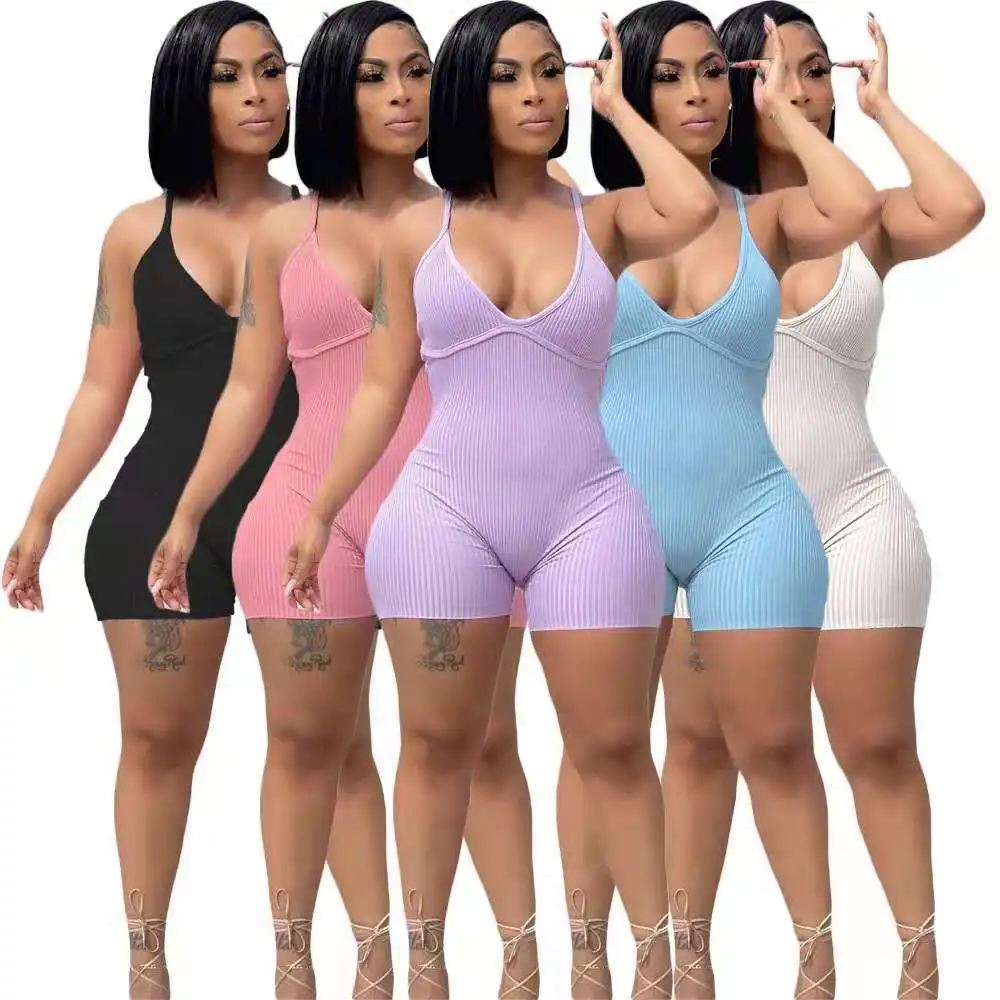 

J&H fashion rib knitting active wear rompers shorts women solid color sleeveless jumpsuits bodycon sexy, 3color as picture