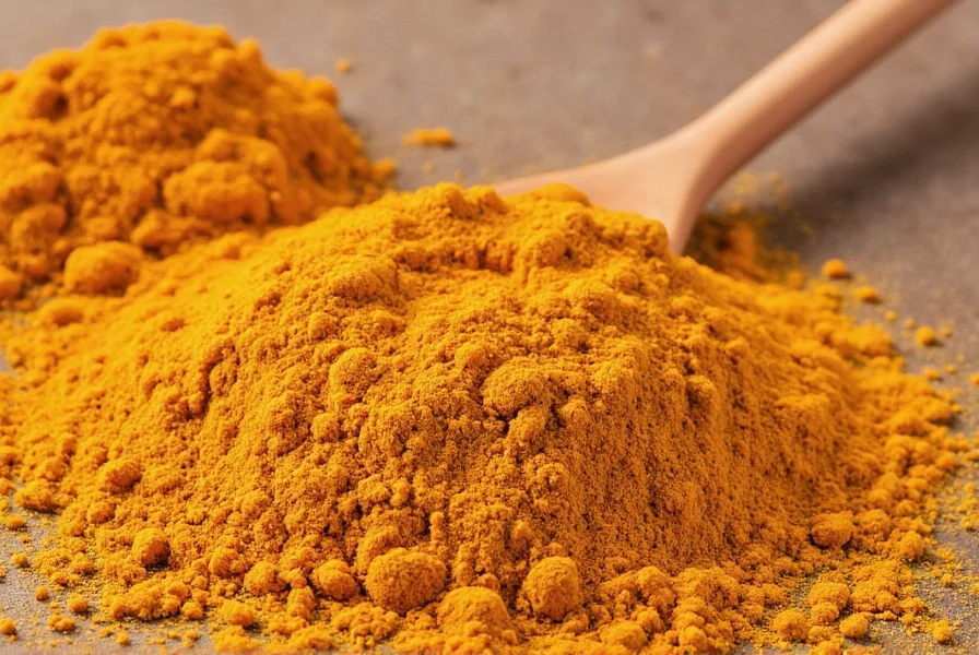 Jar of homemade curry powder with measuring spoons beside it