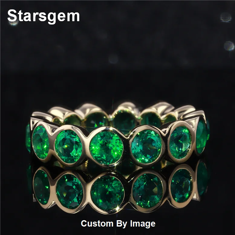 

Starsgem 3mm Round Shape Lab Grown Emerald Bezel Setting Gold Ring Bands