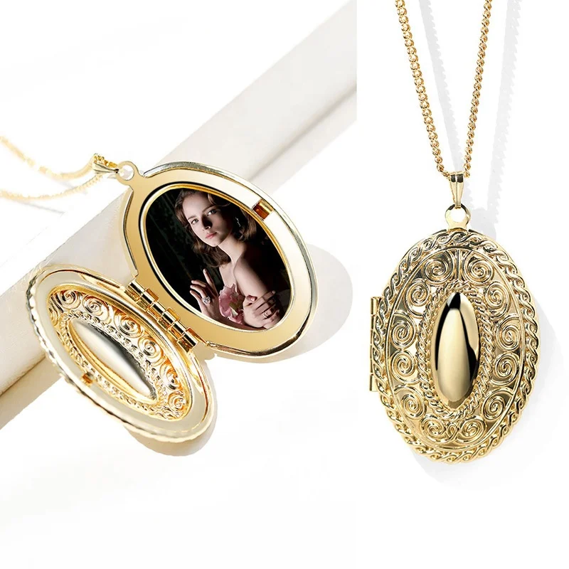 

2022 Fashion and Elegant Pattern Oval Photo Box Floating Locket Necklace Can Open Pendant