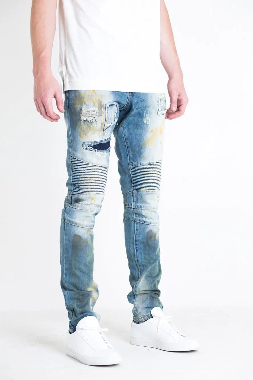 DiZNEW factory OEM urban new style men skinny jeans ripped  wash patches ugly city biker rock mens jeans supplier