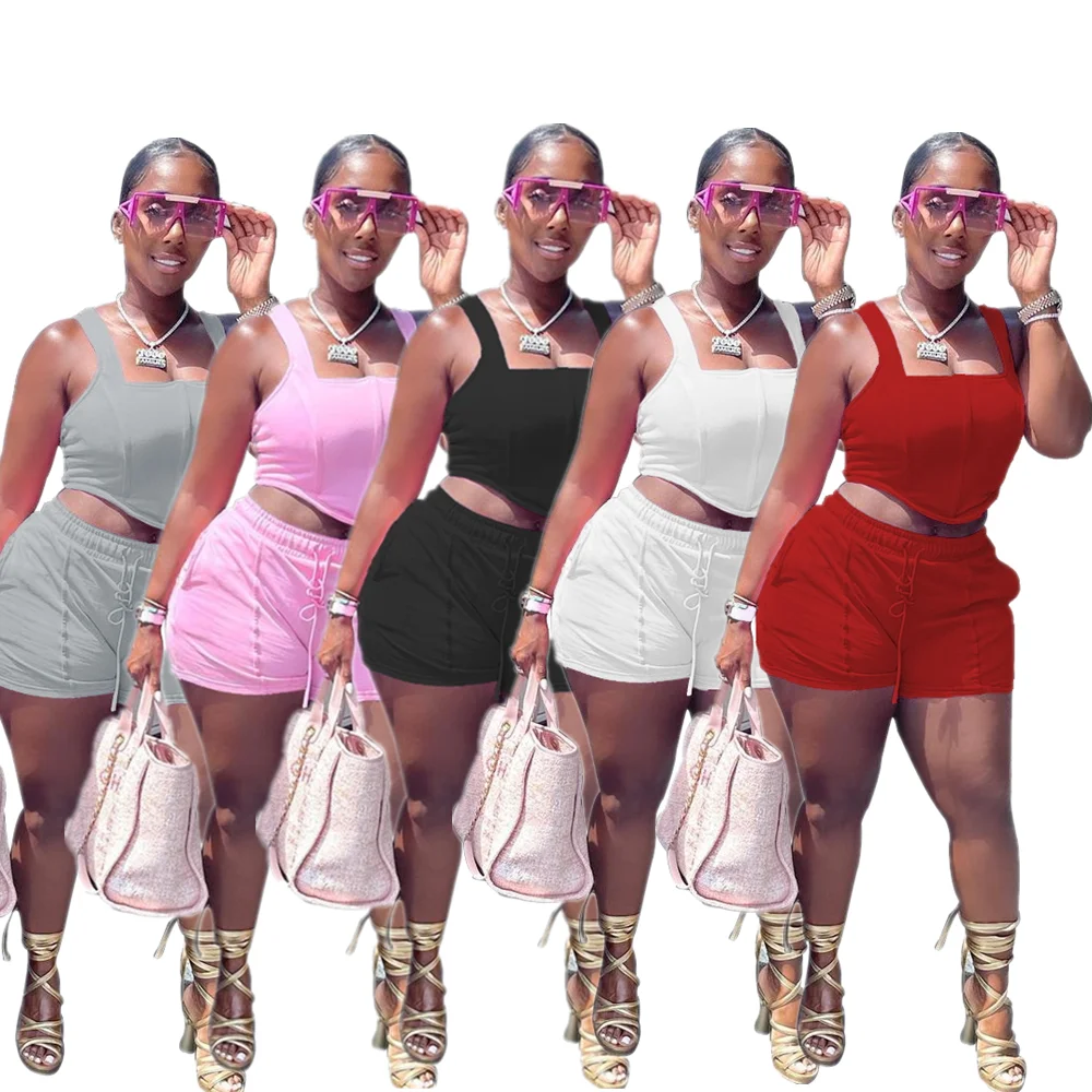 

Women 2 Pieces Solid U Neck Sports Crop Bra Vest Top Eyelet Drawstring High Waist Shorts Sets Active Biker
