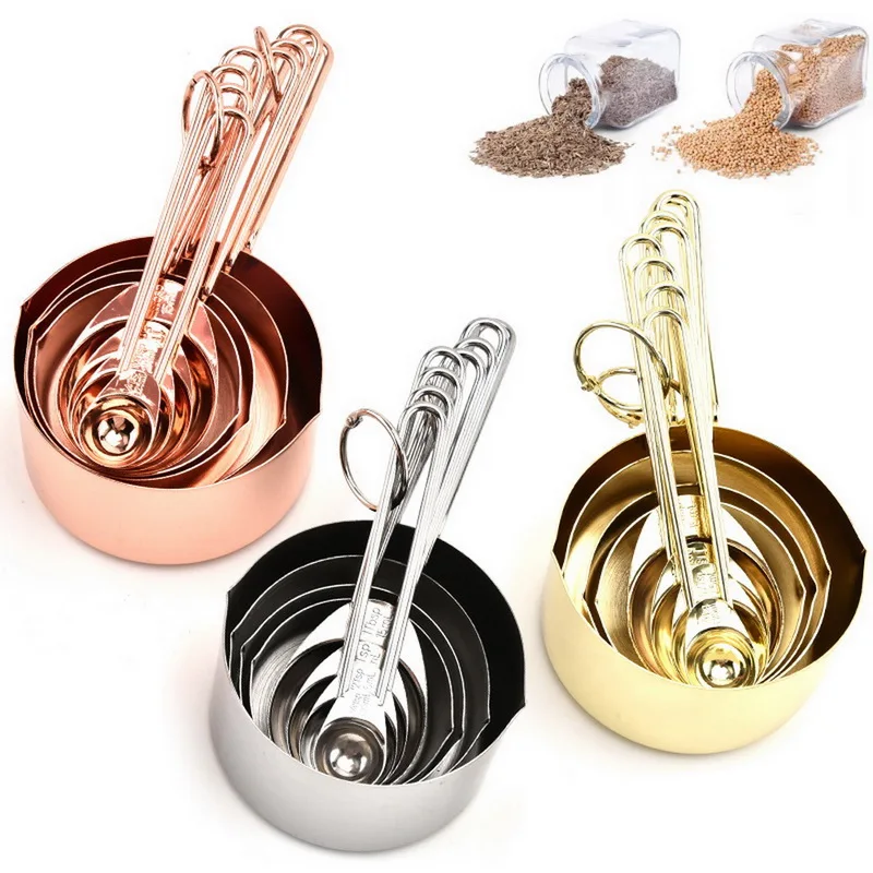 

8pcs Rose Gold Stainless Steel Baking Measuring Spoons And Cups Stackable Set Pouring Spout And Mirror Polish For Baking, Rose gold/silver/golden