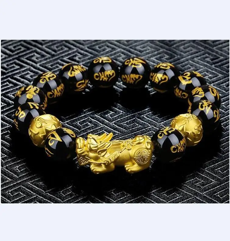 

100% Natural Obsidian Hand Carved Mantra Stone Feng Shui Pi Xiu Bracelet Wealth 12mm Black Obsidian Bracelet for Mens, Glod