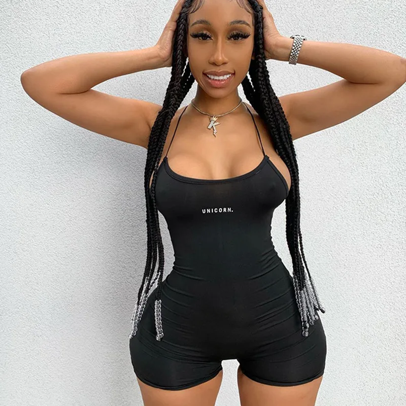 

The Hottest Women Letter Print Solid Color Cross Back x Sleeveless Sports Fitness Jumpsuit