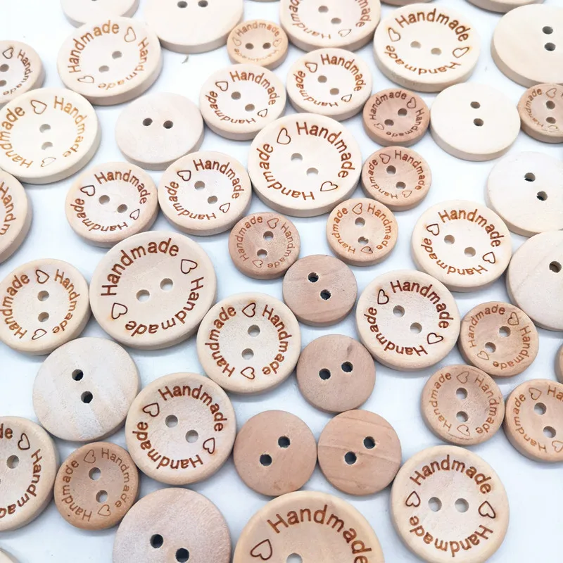 

2 Holes Handmade Letters Round Wooden Sewing Buttons, Natural