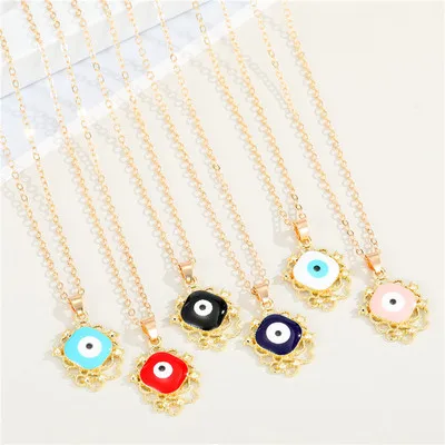 

Newest Trendy 18k Gold Plated Geometric Eyes Necklace Oil Dripping Multi Color Evil Eyes Necklace For Women