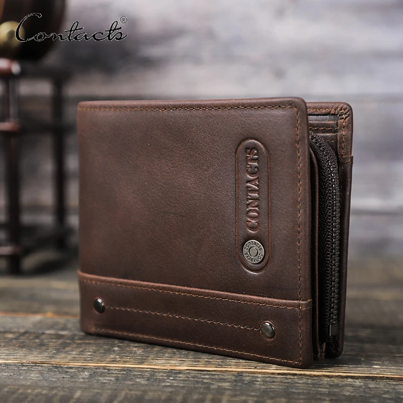 

CONTACT'S Vintage RFID Blocking Zipper Card Holder Wallet Large Cash Billfold Pocket Coin Purse Genuine Leather Men Wallet, Coffee