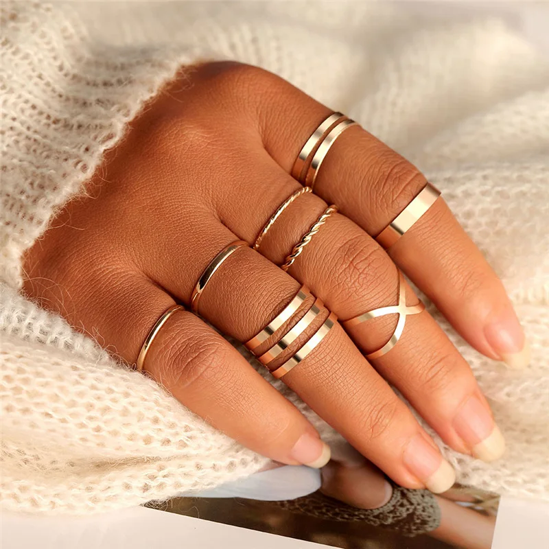 

8 Pcs Set Gold Silver Round Hollow Geometric Rings Set For Women Fashion Cross Twist Open Ring Joint Ring Female JeJewelry, Geometric round big rings