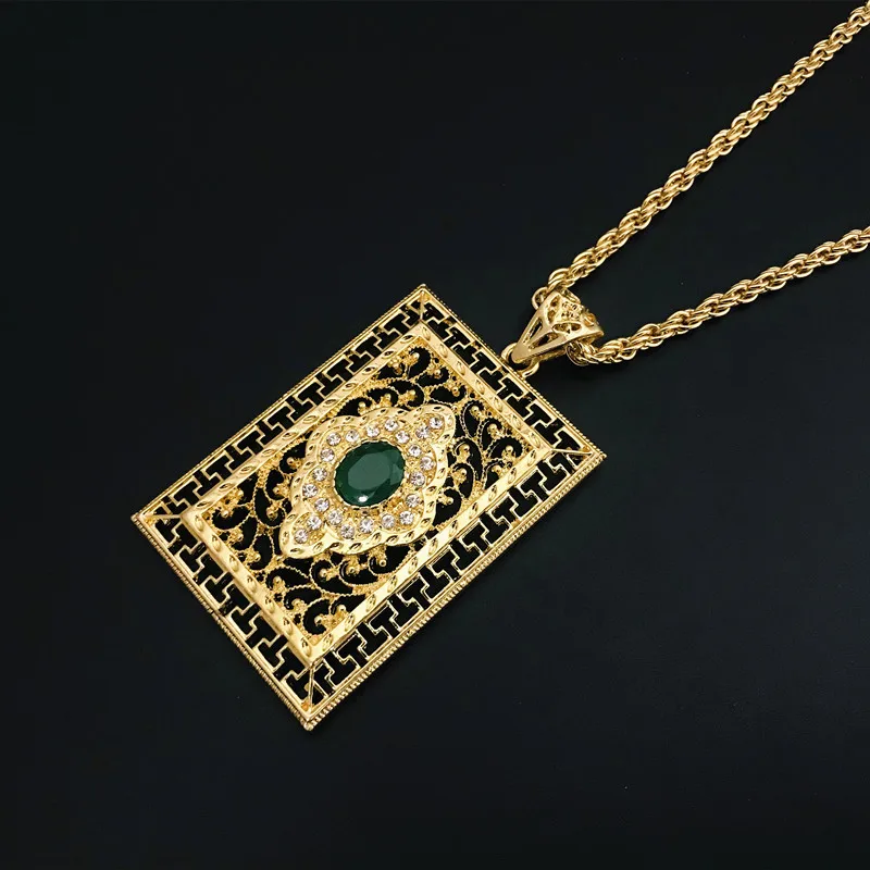 

Morocco Women Gold Pendant Necklace Hollow Metal Arabesque Square Tags Long Chain Ethnic wedding Hip Hop Jewelry, Gold and silver