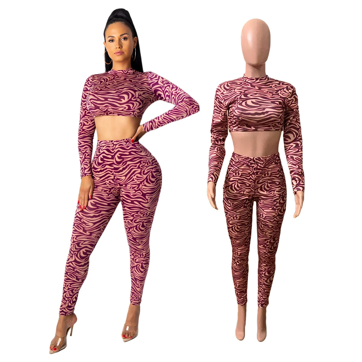 

Sexy stylish baring midriff in 2021 tight print two-piece set