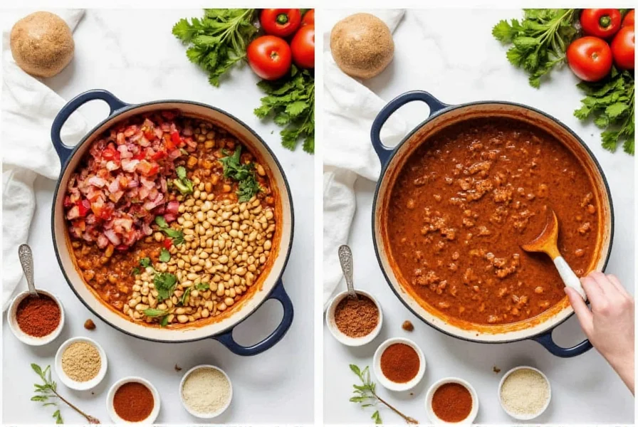Step-by-step preparation of turkey white bean chili showing ingredients in a cast iron pot with fresh vegetables and spices arranged around it