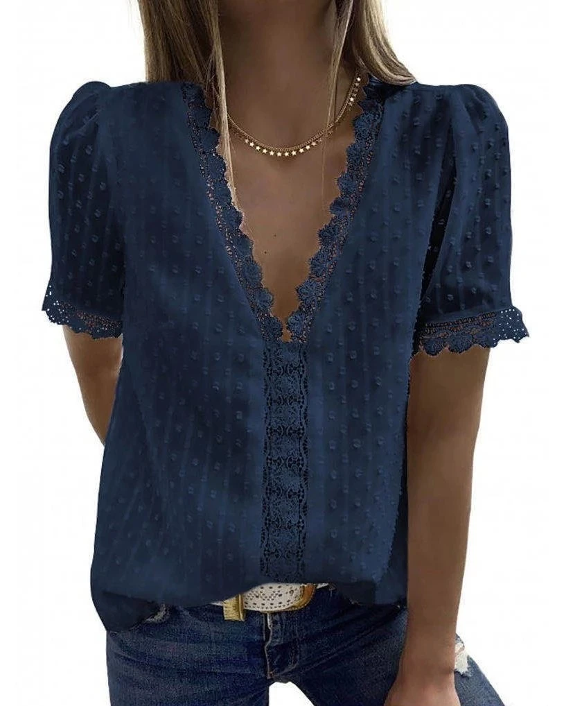 

Women Hallow Out Sexy Short Sleeve Shirt Lace Flower Blouses Casual Shirts V-neck Summer Solid Color Elegant Top
