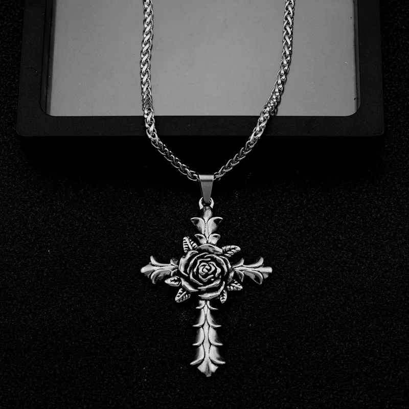 

New Arrival 2022 Hip Hop Stainless Steel Jewelry Pendant Rose Cross Gothic Necklace