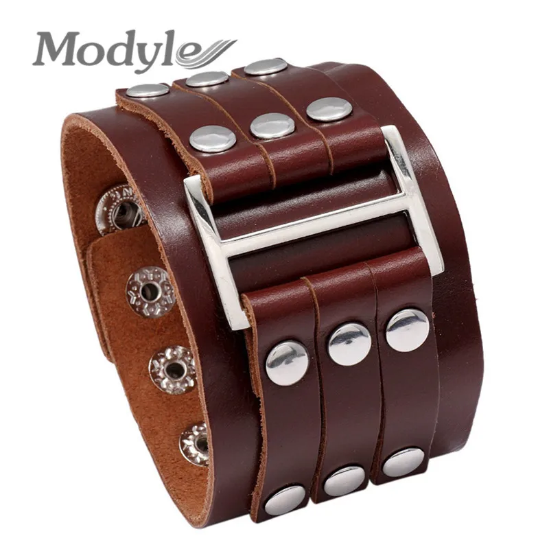

New Fashion Punk Vintage Wide Leather Bracelets Black Charm Bracelets & Bangles for Women Men Jewelry