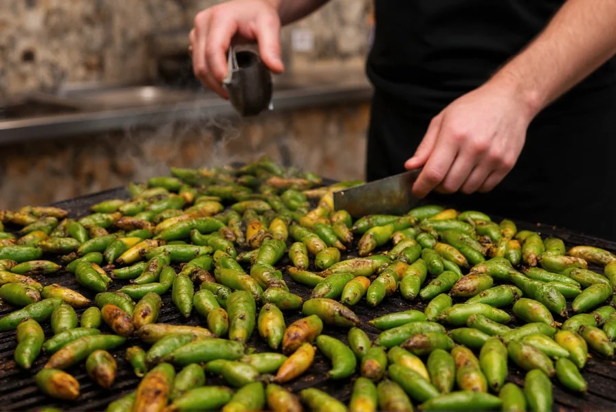 Professional chef roasting fresh Hatch green chiles over open flame, peppers blistering with char marks, rustic kitchen background