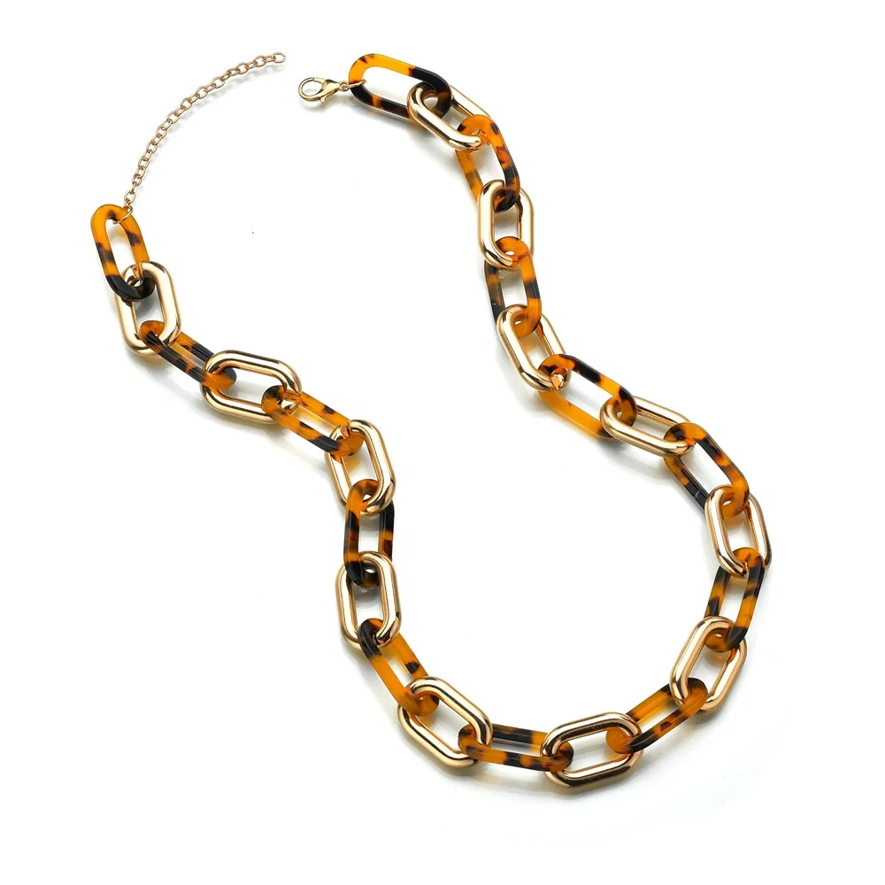 

Acrylic Leopard Long Chain Necklace Personalized Vintage Oval Resin Acetate Sweater Link Chain Necklace for Women Statement