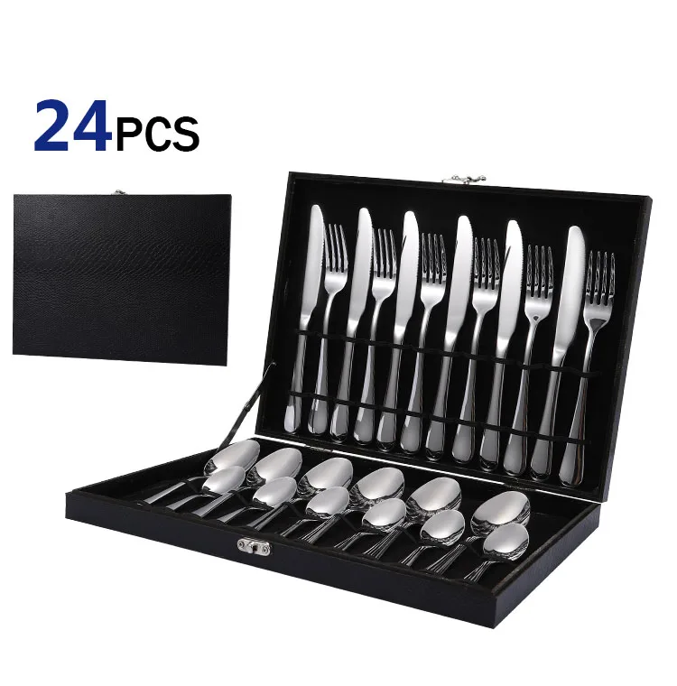 

Amazon hot sale 24pcs stainless steel cutlery set flatware set different colors spoons knives forks set with wooden case box, Customize/black/silver/gold/rose gold