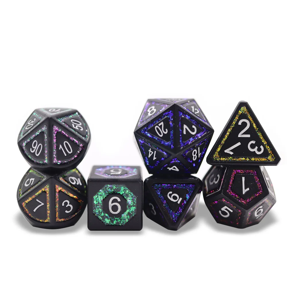 

Custom 16mm Mica Glitter Dice Metal Polyhedral 7 Pcs Rainbow Colorful Metal Dice