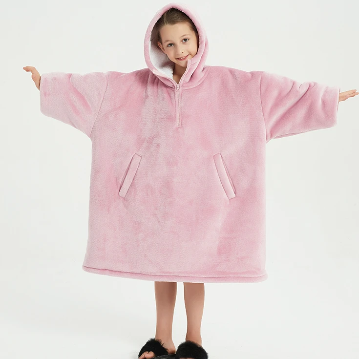 China Factory Oversized Winter Kids Wearable Hoodie Blanket Winter Custom Sherpa Hooded Blanket Kids Wearable Christmas Blanket