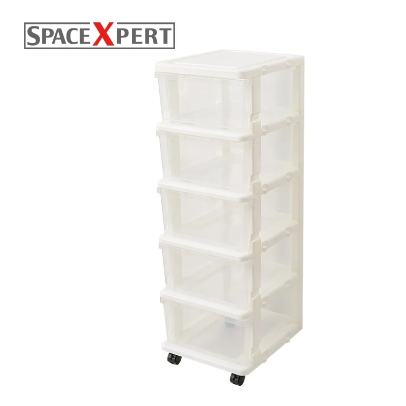 

Versatile 5 tiers plastic drawer cart clear drawers and white frame with black wheel, Transparent&black