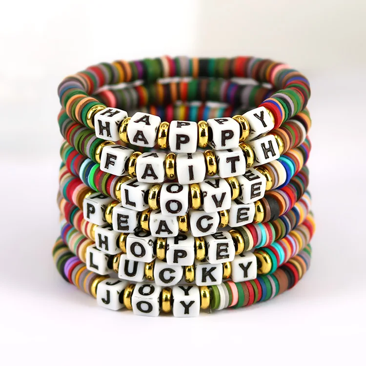 

BP1009 Colorful Rainbow Polymer Disc Heishi Beaded Words Letters Inspirational Stack Bracelet