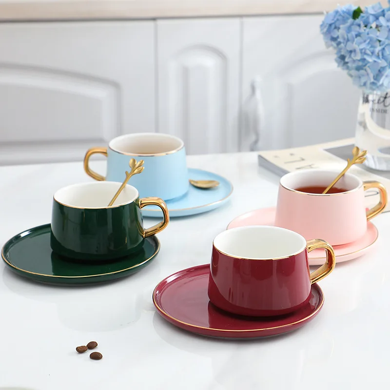 

Manufacturer New Design Colorful Ceramic Mugs Luxury Porcelain Cups and Saucer Coffee with Spoon, Blue,dark green,pink,wine red,black,azure blue,grey